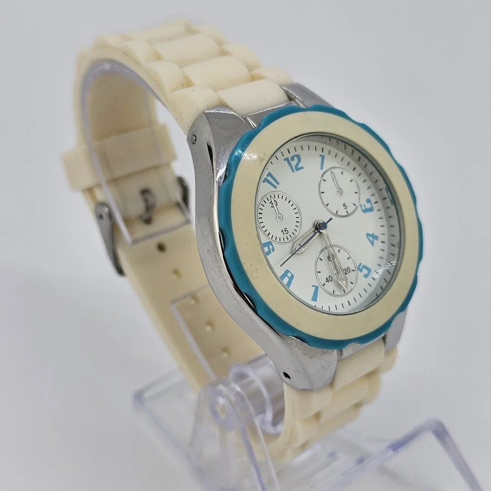 Unisex Analog Watch 40MM White Dial Cream Plastic Bands New Battery‎